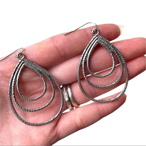 Boutique Sliver Tone Double Tear Drop Textured Drop Earrings - Picture 3 of 3